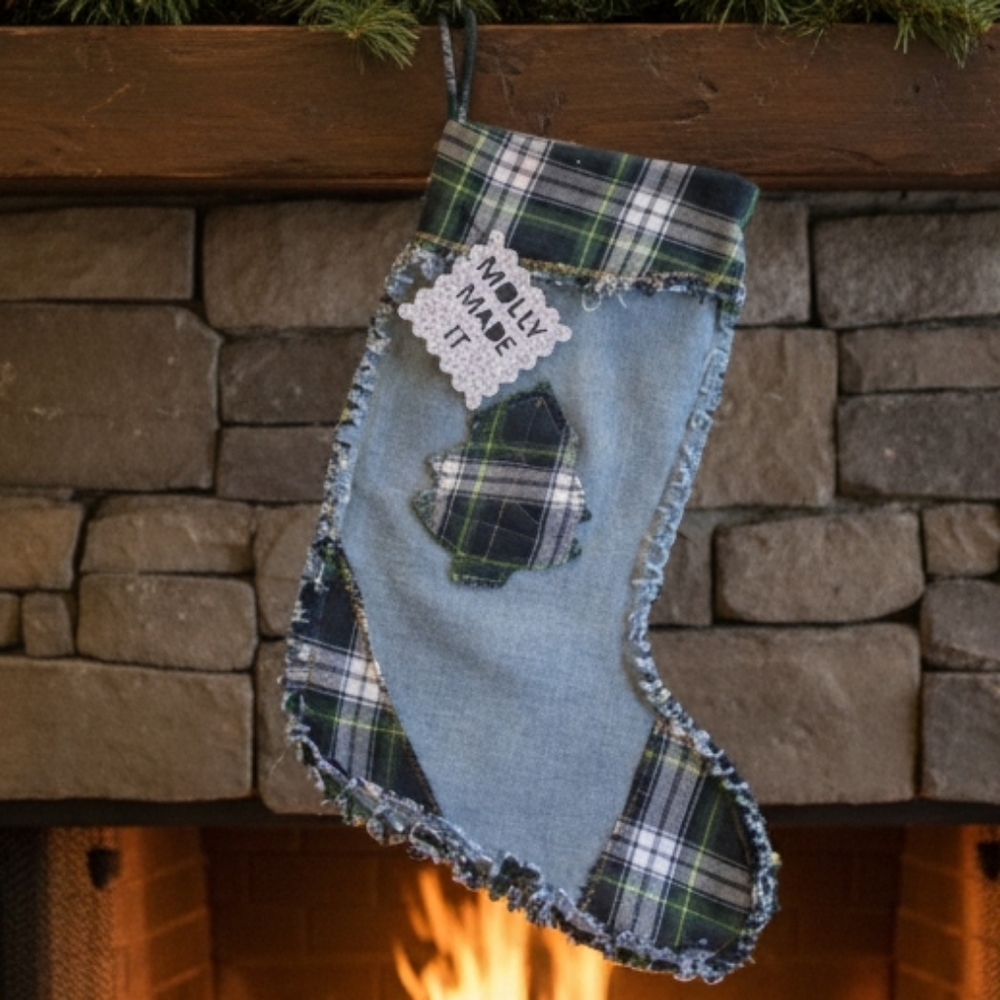 Upcycled Christmas Stocking Hand Crafted Plaid Tree  & Trim, Blue Jean Denim